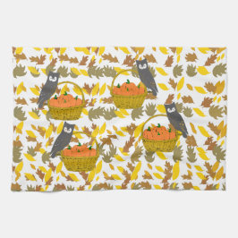 Autumn Harvest Owl & Pumpkin Kitchen Towel Kökshandduk