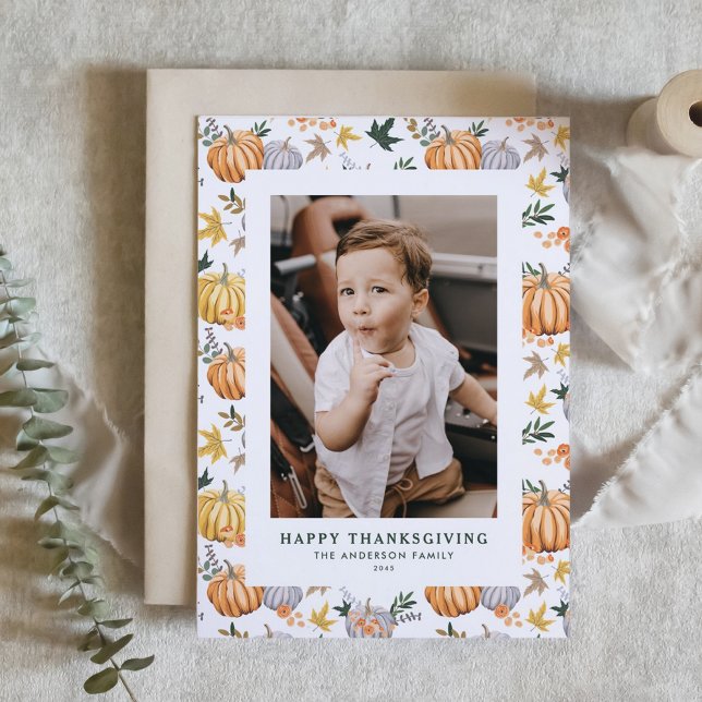 Autumn Harvest Pumpkin Happy thanksgiving Photo Helgkort (Personalized Photo Thanksgiving Card with Pumpkins in Orange, Yellow and Grey)