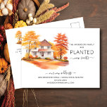 Autumn House Flytta Notification Vykort<br><div class="desc">I detta meddelande om hjärtslitande finns det en våning i höst i träd med ett hus i bakgrunden. Ord: "Vår familj har planerat nya rötter." Det är perfekten att låta dina vänner och familj få veta om ditt kommande drag. Det är säkert en slå med alla som får den.</div>