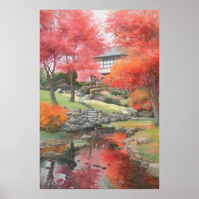 Autumn Japanska Modern Garden Watercolor Poster (Framsidan)