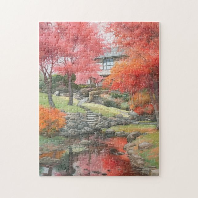 Autumn Japanska Modern Garden Watercolor Pussel (Vertikal)