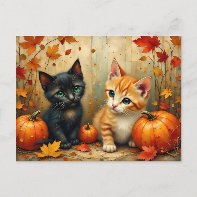 Autumn Kittens Pumpkins och Foliage Helg Vykort (Framsida)