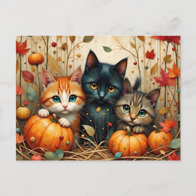 Autumn Kittens Pumpkins och Foliage Helg Vykort (Framsida)