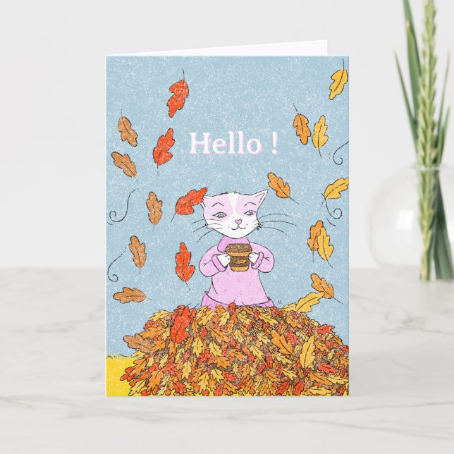 Autumn Leaves and Graceful Cat Blank Greeting Card Kort (Framsida)