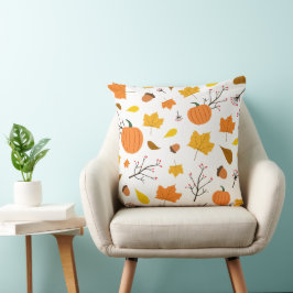 Autumn Leaves and Pumpkins with Pastel Yellow Back Kudde