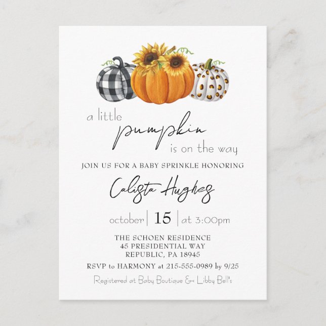 Autumn Little Pumpkin Solros Baby Sprinkle Vykort (Framsida)