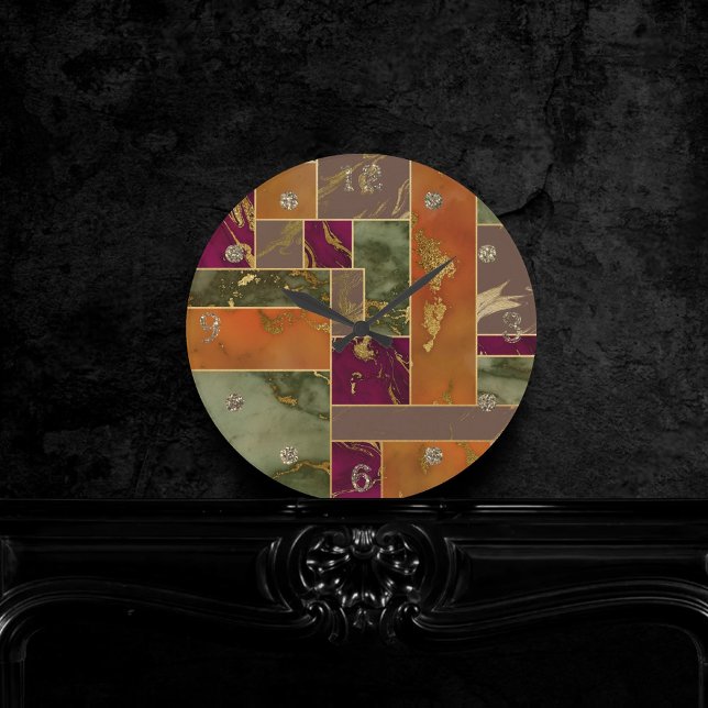 Autumn Luxury | Geometric Guld Jewel Tone Marble Rund Klocka (Skapare uppladdad)
