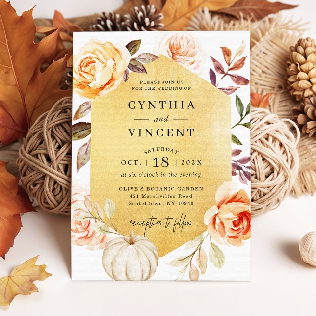 Autumn Luxury Guld Botanical Blommigt Fall Wedding Inbjudningar (Skapare uppladdad)