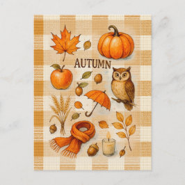 Autumn Magic Postcard Cozy Fall Owl Pumpkin Leaves Vykort