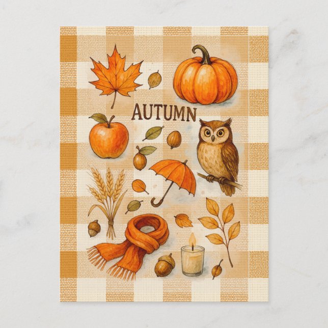 Autumn Magic Postcard Cozy Fall Owl Pumpkin Leaves Vykort (Framsida)