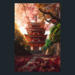 Autumn Maple Pagoda Temple Staircase Glow Fototryck<br><div class="desc">A classic red pagoda temple stands at the top of a stone staircase enveloped by a breathtaking canopy of crimson, orange, and golden maple leaves in full autumn glory. Sunlight streams through the branches, casting warm rays across scattered foliage on the steps and illuminating the temple's graceful tiers and green-tiled...</div>
