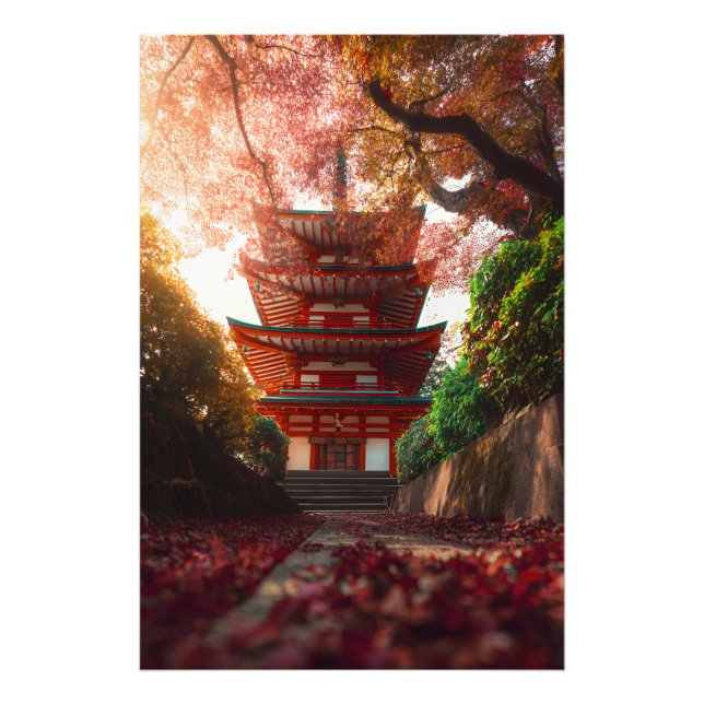 Autumn Maple Pagoda Temple Staircase Glow Fototryck (Framsidan)