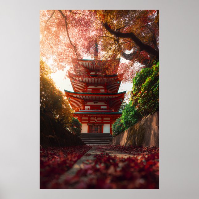 Autumn Maple Pagoda Temple Staircase Glow Poster (Framsidan)
