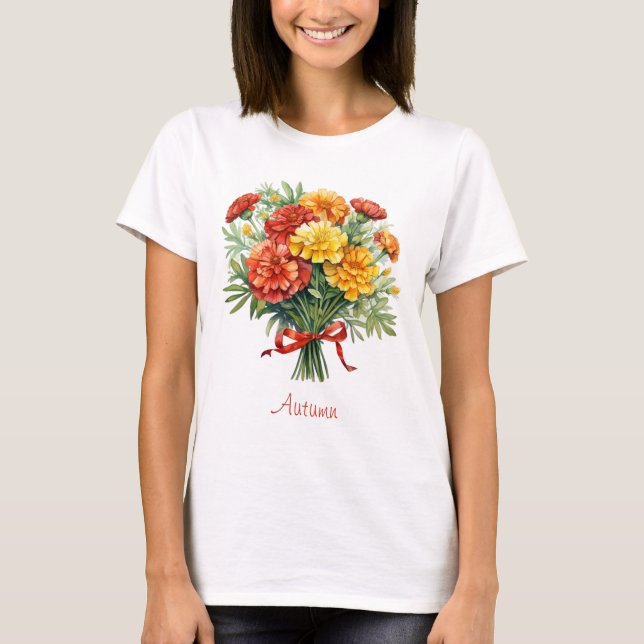 Autumn Marigold Bouquet Red Ribbon T-Shirt (Framsida)