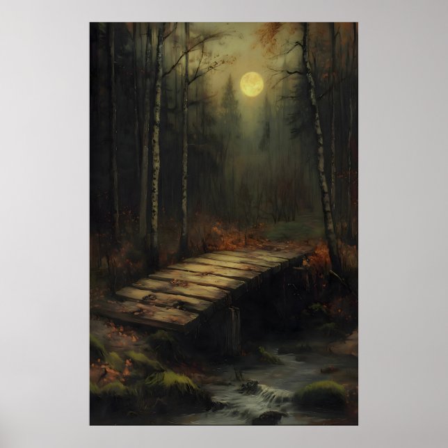 Autumn Moonlit Forest Bridge Rustic Woodland Art Poster (Framsidan)