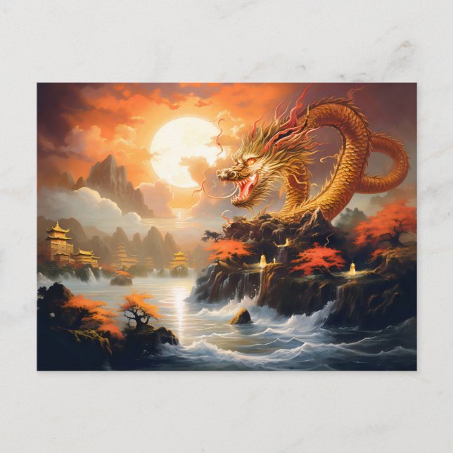 Autumn Moonrise – Chinese Airbrush Dragon in Gold  Vykort (Framsida)