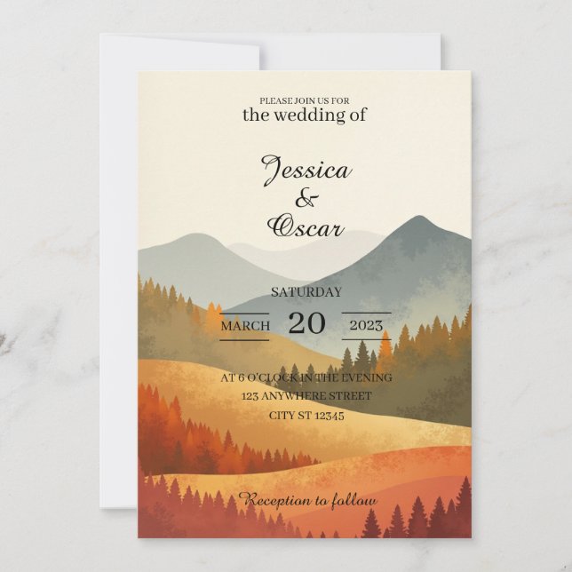 Autumn Mountain Watercolor Wedding Invitation Inbjudningar (Framsida)