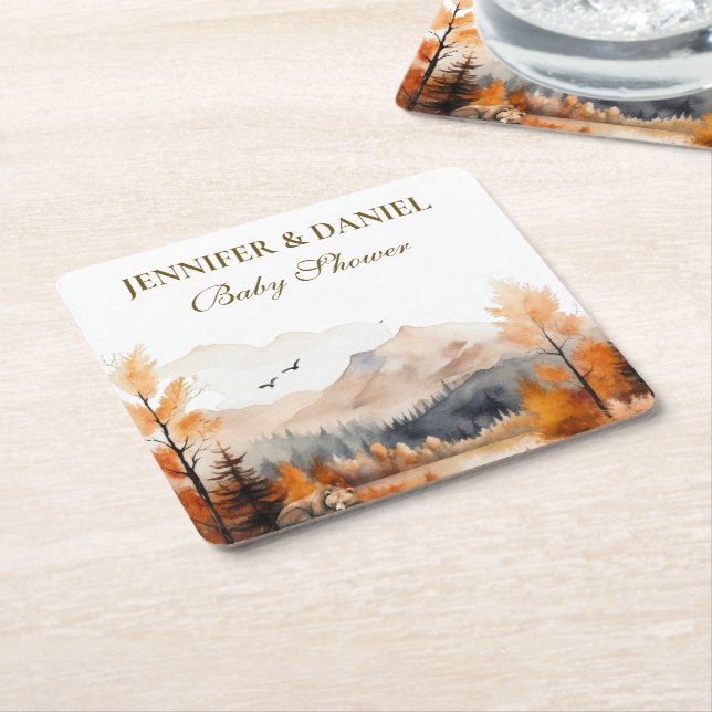 Autumn Mountain Woodland Watercolor Bear Shower Underlägg Papper Kvadrat (Vinklad)