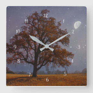 Autumn Oak Träd och Måne Fantasy Surreal Fyrkantig Klocka