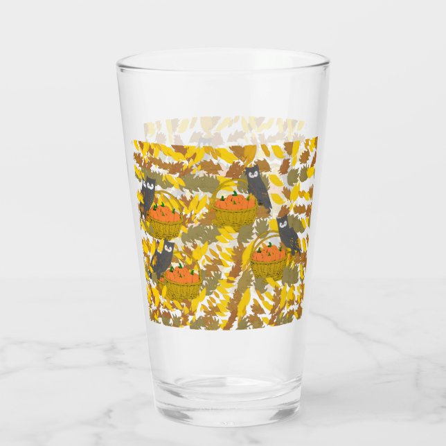 Autumn Owl and Pumpkin Pattern Pint Glass / Tumble Glaskopp (Baksida)