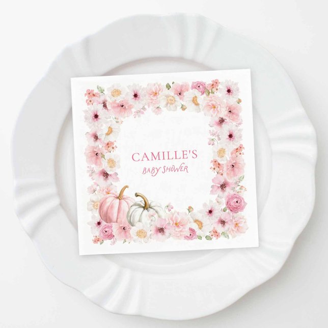 Autumn Pink Pumpkin Floral Baby Shower Pappersservett (Fall Girl Baby Shower Napkins)