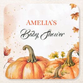 Autumn Pumpkin Baby Shower Watercolor Underlägg Papper Kvadrat