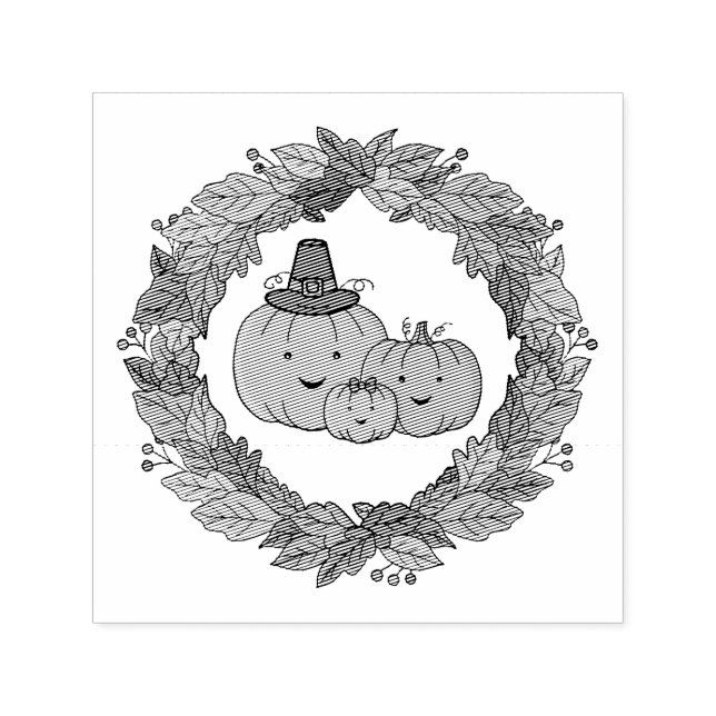 Autumn Pumpkin Family Wreath Självfärgande Stämpel (Design)