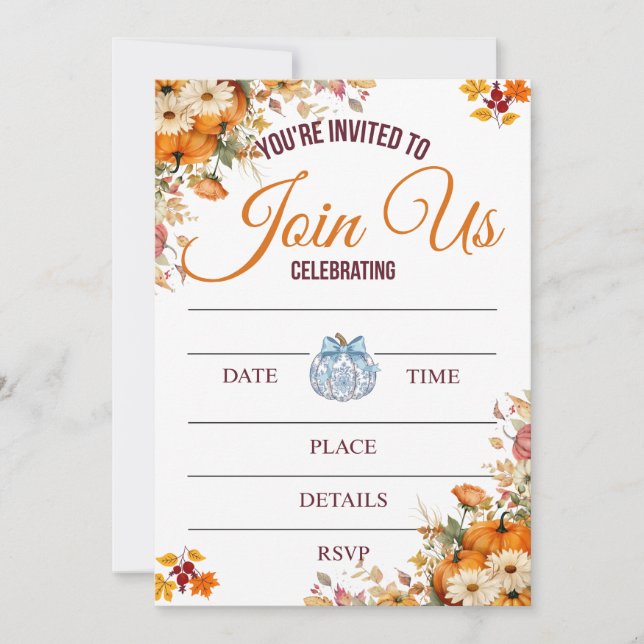 Autumn Pumpkin Floral Invitation Inbjudningar (Framsida)