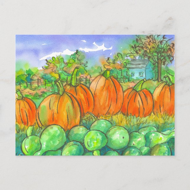 Autumn Pumpkin Gourds Harvest Watercolor Vykort (Framsida)