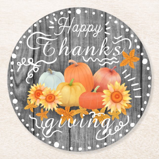 Autumn Pumpkin Grått Gräs Underlägg Papper Rund (Framsidan)