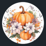 Autumn Pumpkin Stickers Runt Klistermärke<br><div class="desc">Sticker is shown in the round with a lovely fall pumpkin floral watercolor print.  
Customize this item or buy as is.




Licensed Image</div>