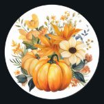 Autumn Pumpkin Stickers Runt Klistermärke<br><div class="desc">Sticker is shown in the round with a lovely fall pumpkin floral watercolor print.  
Customize this item or buy as is.




Licensed Image</div>