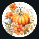 Autumn Pumpkin Stickers Runt Klistermärke<br><div class="desc">Sticker is shown in the round with a lovely fall pumpkin floral watercolor print.  
Customize this item or buy as is.




Licensed Image</div>