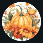 Autumn Pumpkin Stickers Runt Klistermärke<br><div class="desc">Sticker is shown in the round with a lovely fall pumpkin floral watercolor print.  
Customize this item or buy as is.




Licensed Image</div>