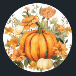 Autumn Pumpkin Stickers Runt Klistermärke<br><div class="desc">Sticker is shown in the round with a lovely fall pumpkin floral watercolor print.  
Customize this item or buy as is.




Licensed Image</div>