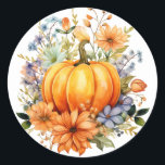 Autumn Pumpkin Stickers Runt Klistermärke<br><div class="desc">Sticker is shown in the round with a lovely fall pumpkin floral watercolor print.  
Customize this item or buy as is.




Licensed Image</div>