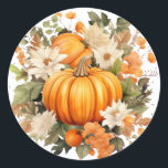 Autumn Pumpkin Stickers Runt Klistermärke<br><div class="desc">Sticker is shown in the round with a lovely fall pumpkin floral watercolor print.  
Customize this item or buy as is.




Licensed Image</div>