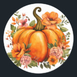 Autumn Pumpkin Stickers Runt Klistermärke<br><div class="desc">Sticker is shown in the round with a lovely fall pumpkin floral watercolor print.  
Customize this item or buy as is.




Licensed Image</div>