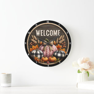 Autumn Pumpkins Harvest Rustic Wooden Background Stor Klocka
