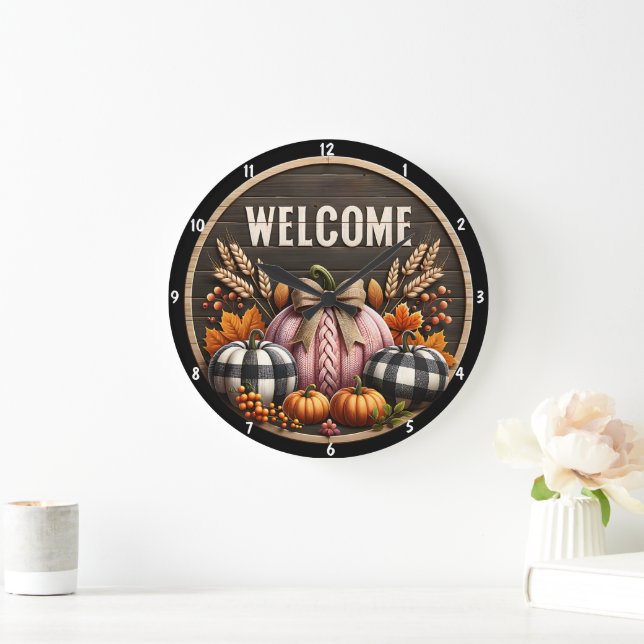 Autumn Pumpkins Harvest Rustic Wooden Background Stor Klocka (Hem)