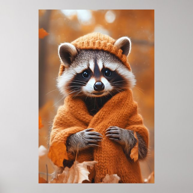 Autumn Raccoon Art Print, Fall Animal in Clothes Poster (Framsidan)