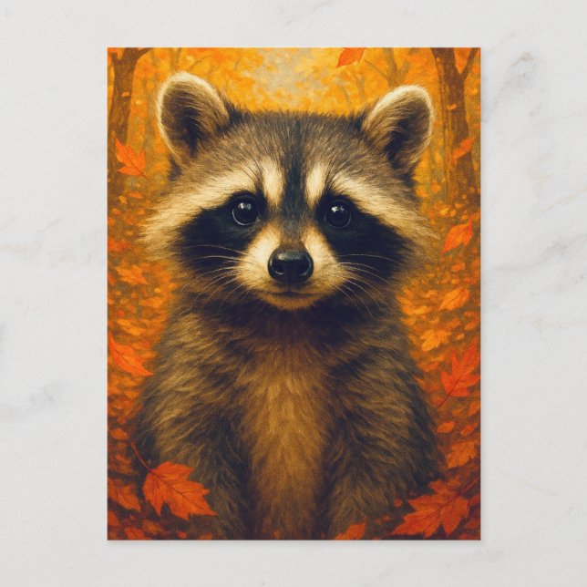 Autumn Raccoon Postcard Cute Animal  Fall Forest Vykort (Framsida)