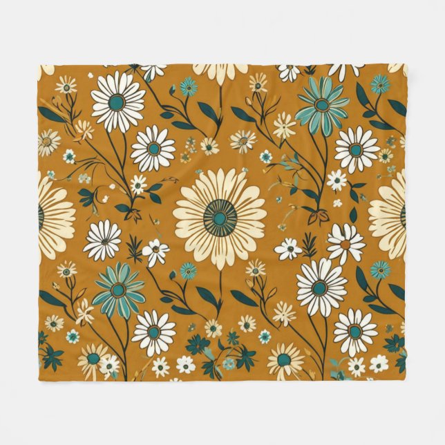 Autumn Retro Boho Mustard Flowers Mönster Fleecefilt (Framsidan (Horisontell))