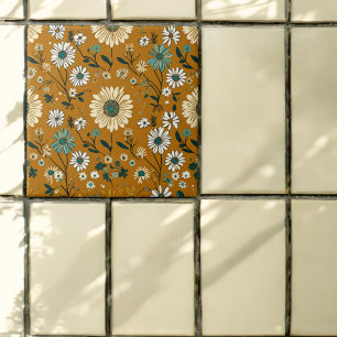 Autumn Retro Boho Mustard Flowers Mönster Kakelplatta