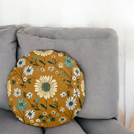 Autumn Retro Boho Mustard Flowers Mönster Rund Kudde