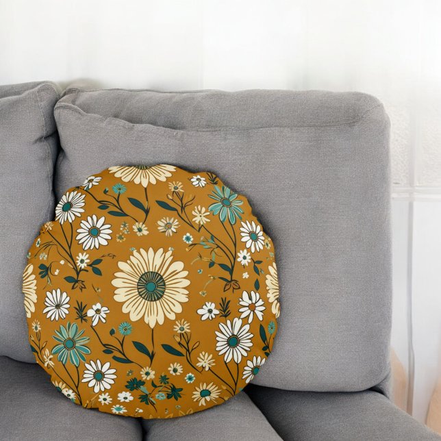 Autumn Retro Boho Mustard Flowers Mönster Rund Kudde (Skapare uppladdad)