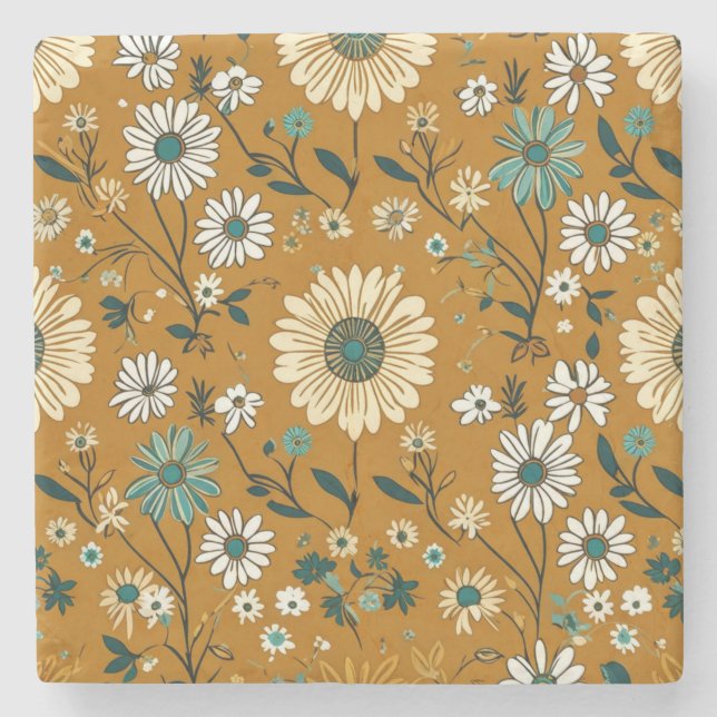Autumn Retro Boho Mustard Flowers Mönster Stenunderlägg (Framsidan)