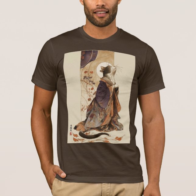 "Autumn Reverie" Japanese Cat in Kimono Art T Shirt (Framsida)
