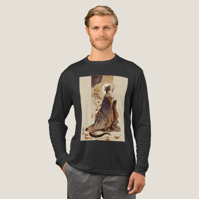 "Autumn Reverie" Japanese Cat in Kimono Art T Shirt (Hel framsida)