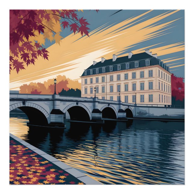 Autumn Riverside European City Illustration Art Fototryck (Framsidan)
